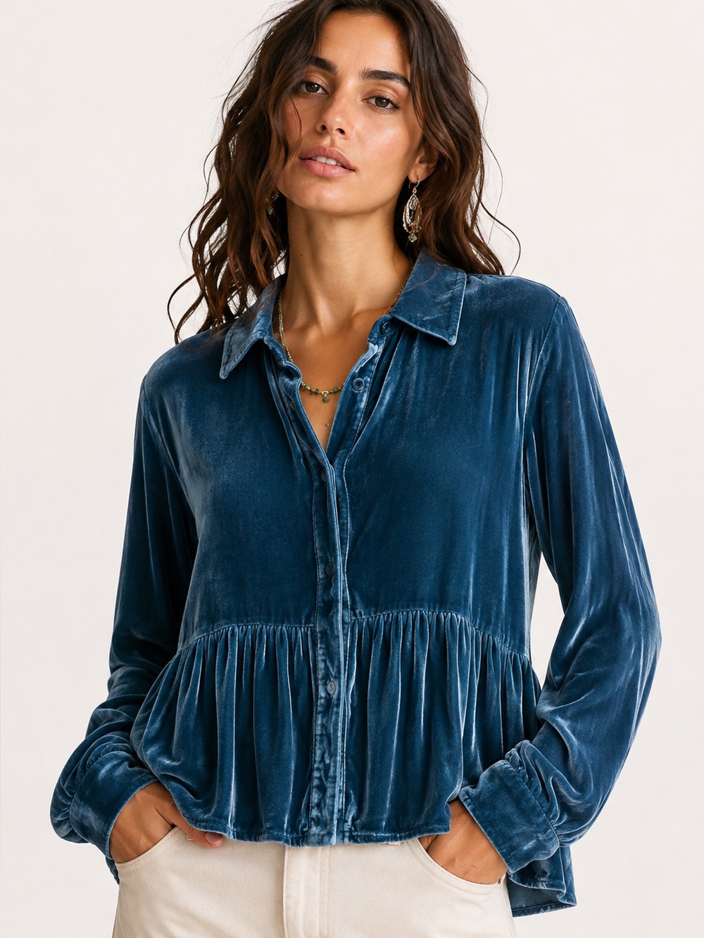 Anthropologie Blue Tassel Teal Blue Velvet Peplum Top